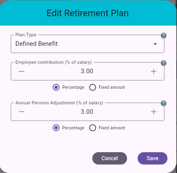Defined Benefit plan edit dialog