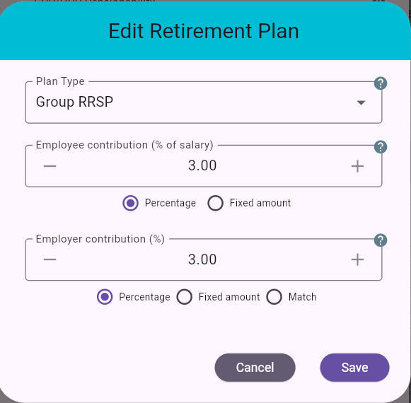 Group RRSP edit dialog