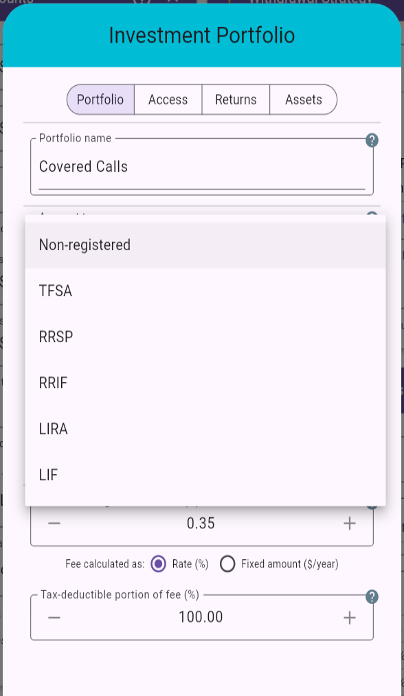 Investment Portfolio account type selection