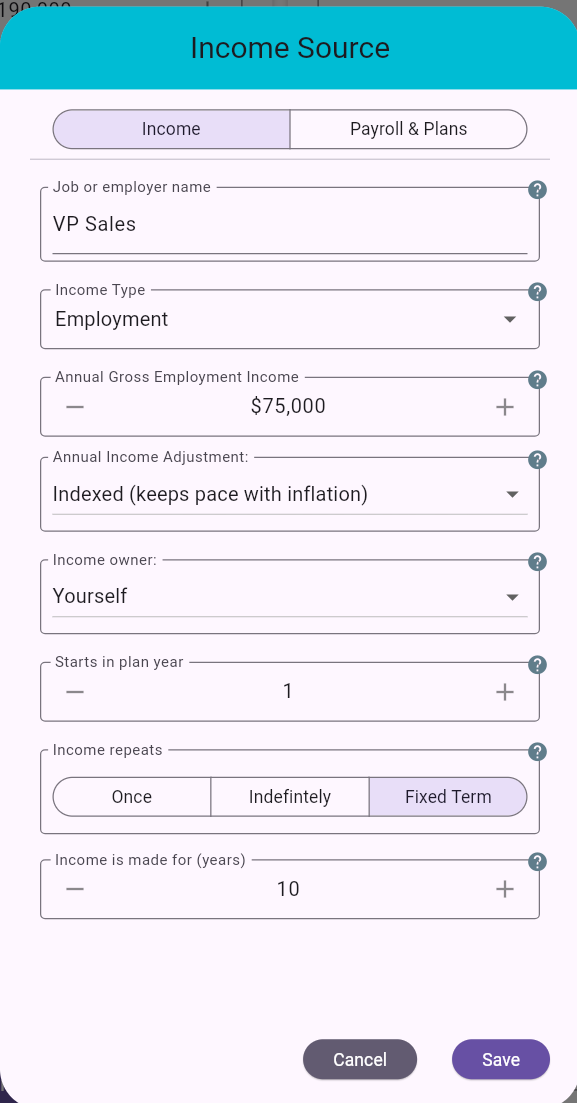 Employment income edit dialog