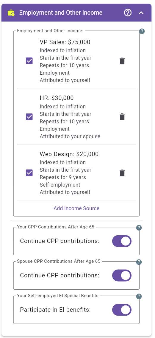 Employment and Other Income panel