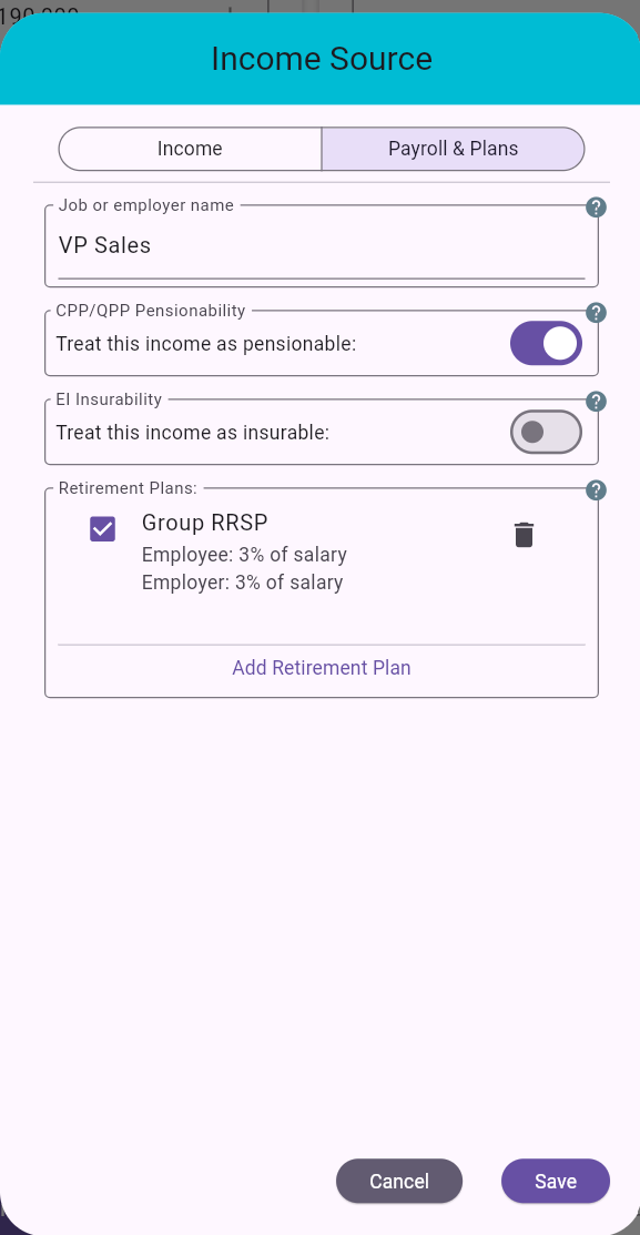 Employment Payroll and Plans tab