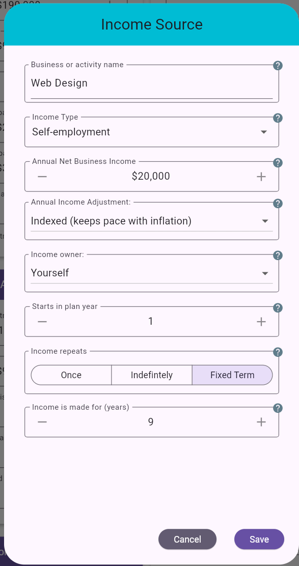 Self-employment income edit dialog